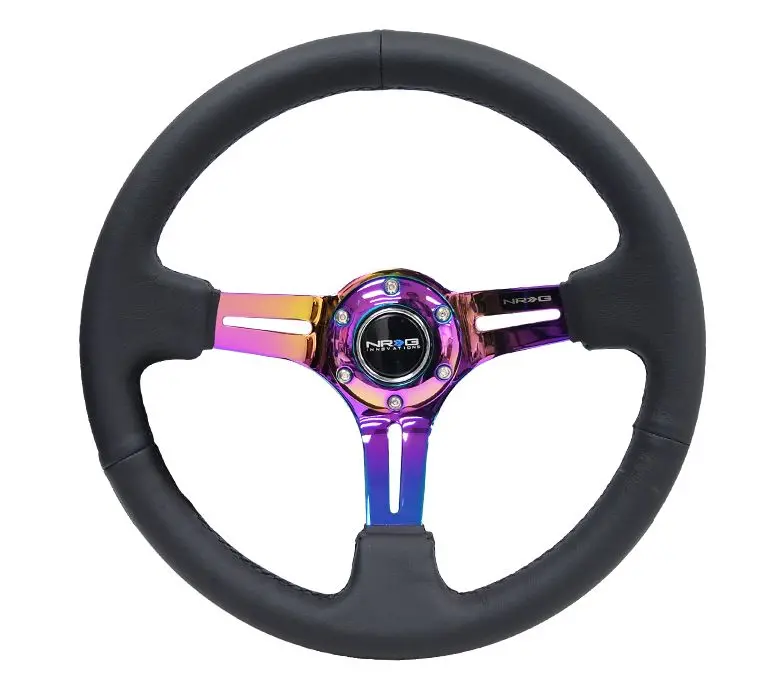 Nrg Reinforced Steering Wheel 350Mm Sport Steering Wheel Leather (3" Deep) Black Stitch With Slits In Neochrome - Rst-018R-Mcbs 1