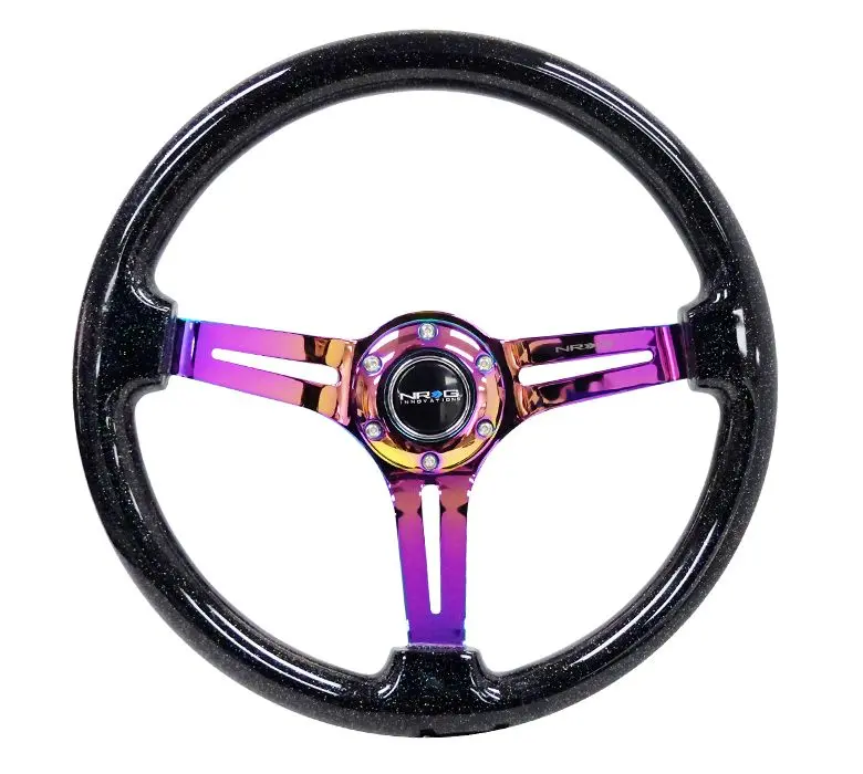 Nrg Reinforced Classic Wood Grain Wheel, 350Mm, 3 Spoke Slotted Center Neochrome With Black Multi Color Flake Wood - Rst-018Bsb-Mc 1