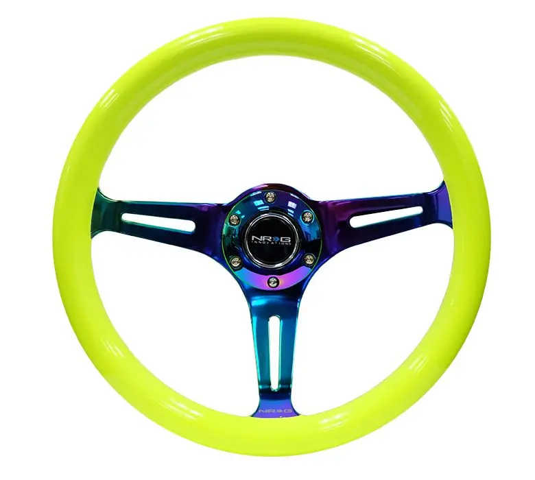 Nrg Classic Wood Grain Wheel, 350Mm 3 Neochrome Spokes-Neon Yellow Color - St-015Mc-Nyw 1