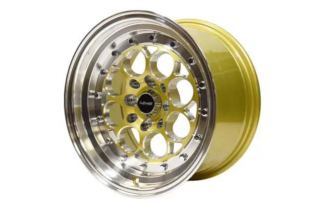 Vms Wheels Revolver 15X8 4X100/114.3 +20 Offset Gold Milling Polished Lip Chrome Rivoffsets - Vwre003 1