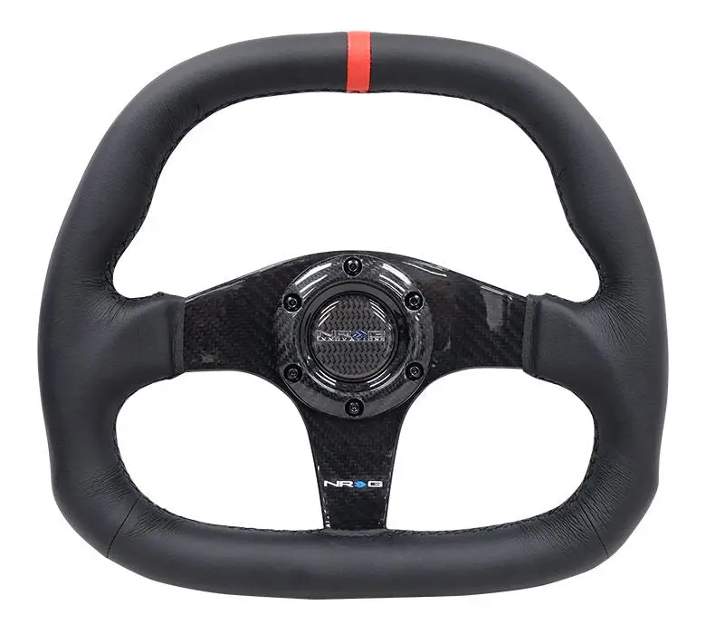 Nrg Carbon Fiber Steering Wheel 320Mm Black Carbon Fiber Center W/ Black Stitch Red Center Mark Flat Bottom - St-019Cf-R 1