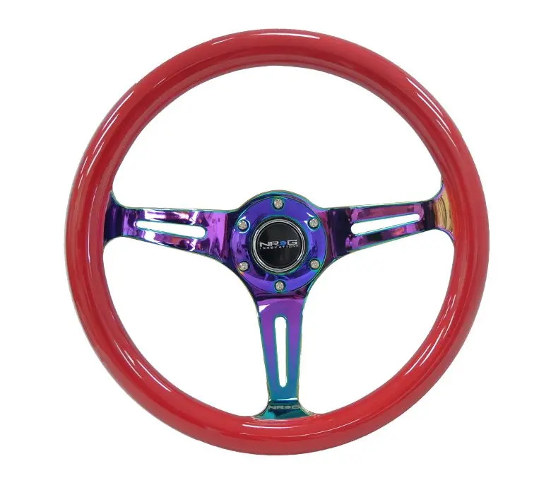 Nrg Classic Wood Grain Wheel - 350Mm 3 Neochrome Spokes - Red Grip - St-015Mc-Rd 1
