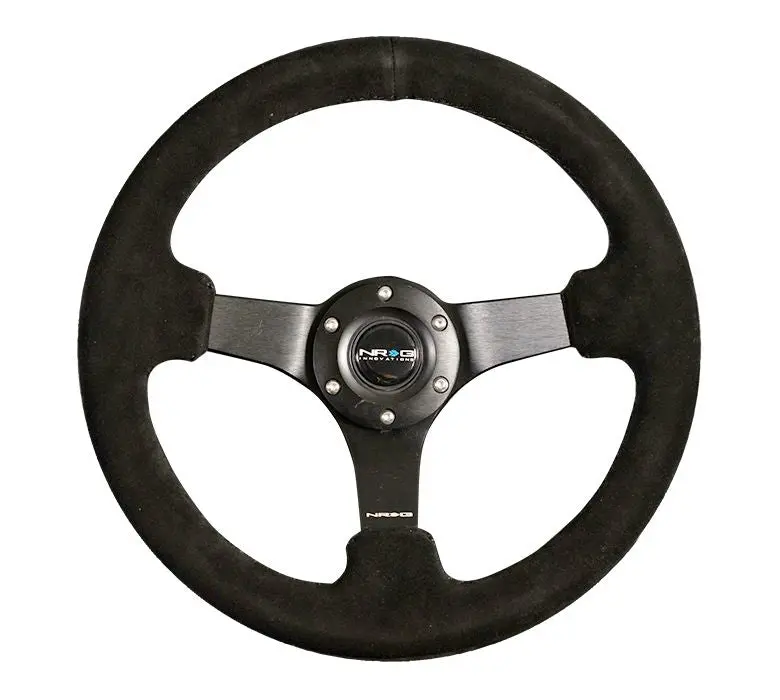 Nrg Reinforced Steering Wheel - 330Mm Sport Suede Racing ( 3" Deep) Comfort Grip, 4Mm Matte Black Spoke With Criss Cross Stitching - Rst-033Bk-S 1