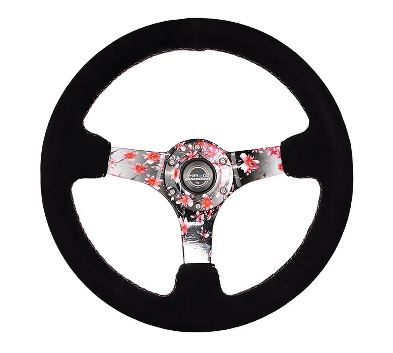 Nrg Reinforced Steering Wheel - Hydro Dipped Sakura Floral 3" Deep, 5Mm Spoke, 350Mm Sport Steering Wheel Pink Suede W/ Black Baseball Stitching - Rst-036Sak-S 1