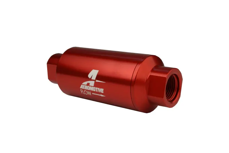 Aeromotive An-10 Inline Fuel Filter – 40-Micron Stainless Steel Element, Red Anodized Housing 1