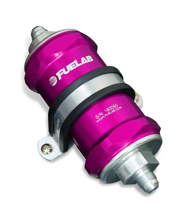 Fuelab 818 Inline Fuel Filter – -12An Fittings, 100-Micron Stainless Steel Element, Purple Housing 1